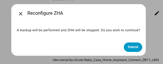 Screenshot showing the Reconfigure ZHA dialog